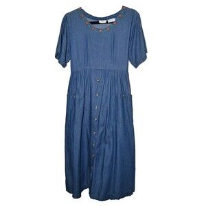 Vtg Amanda Stewart Denim Maxi Dress Pockets Cotton Women M embroidered jumper